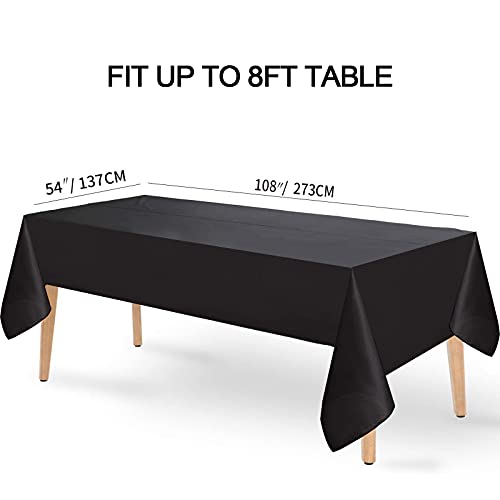 FECEDY 4 Packs 54 x 108inch Black Disposable Plastic Table Cover Waterproof Tablecloths for Rectangle Tables up to 8 ft in Length Indoor & Outdoor Birthdays Anniversary Buffet Table Party Decorations