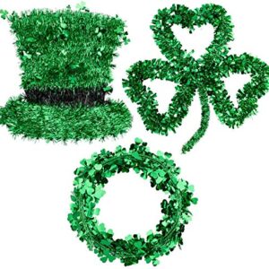 Whaline 3 Pack St. Patrick’s Day Green Tinsel Garland Include Shamrock Wreath, Wire Garland and Leprechaun Hat for Irish St Patrick Party Favor Home Wall Decorations