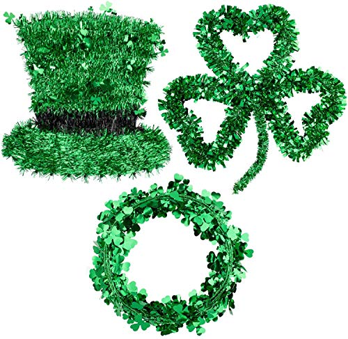 Whaline 3 Pack St. Patrick’s Day Green Tinsel Garland Include Shamrock Wreath, Wire Garland and Leprechaun Hat for Irish St Patrick Party Favor Home Wall Decorations