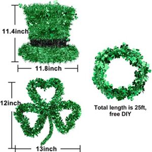 Whaline 3 Pack St. Patrick’s Day Green Tinsel Garland Include Shamrock Wreath, Wire Garland and Leprechaun Hat for Irish St Patrick Party Favor Home Wall Decorations