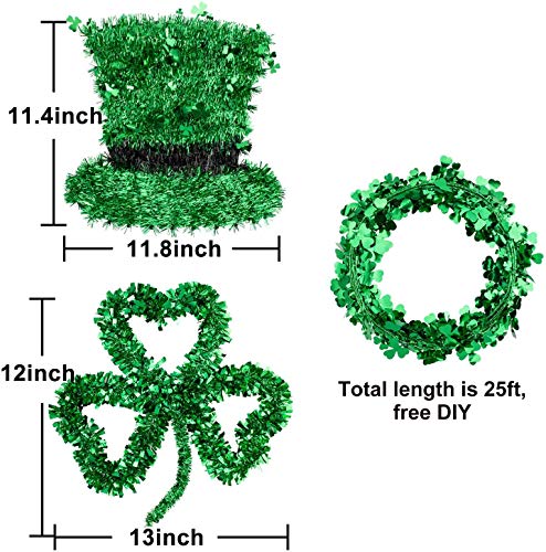 Whaline 3 Pack St. Patrick’s Day Green Tinsel Garland Include Shamrock Wreath, Wire Garland and Leprechaun Hat for Irish St Patrick Party Favor Home Wall Decorations