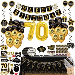 70th birthday decorations for men women – (76pack) black gold party banner, pennant, hanging swirl, birthday balloons, tablecloths, cupcake topper, crown, plates, photo props, birthday sash for gifts