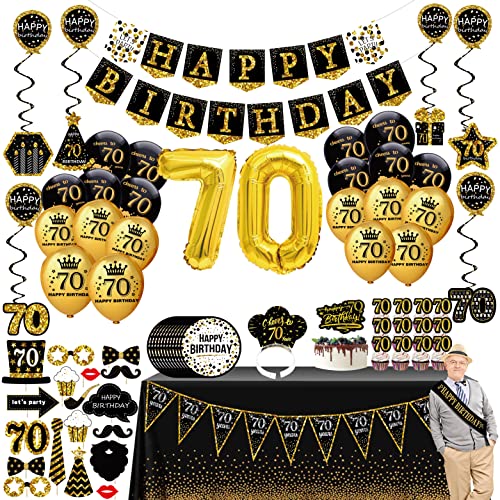 70th birthday decorations for men women - (76pack) black gold party Banner, Pennant, Hanging Swirl, birthday balloons, Tablecloths, cupcake Topper, Crown, plates, Photo Props, Birthday Sash for gifts