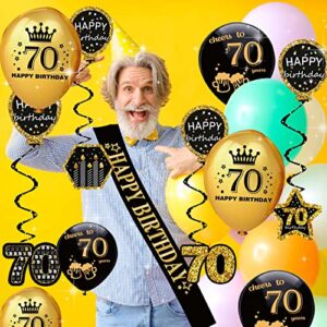 70th birthday decorations for men women - (76pack) black gold party Banner, Pennant, Hanging Swirl, birthday balloons, Tablecloths, cupcake Topper, Crown, plates, Photo Props, Birthday Sash for gifts
