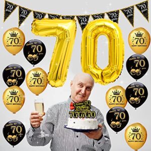 70th birthday decorations for men women - (76pack) black gold party Banner, Pennant, Hanging Swirl, birthday balloons, Tablecloths, cupcake Topper, Crown, plates, Photo Props, Birthday Sash for gifts