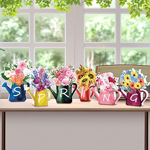 6 Pieces Spring Wood Block Signs Wooden Tabletop Spring Signs Spring Decor Flowers Decor Tiered Tray Decorations Watering Can Spring Table Centerpiece Wall Pediments for Home Farmhouse Tabletop