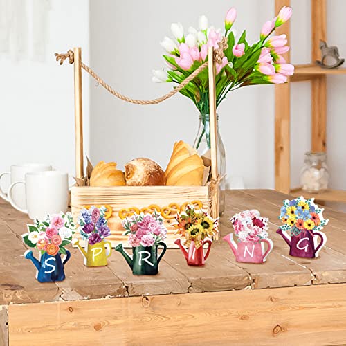 6 Pieces Spring Wood Block Signs Wooden Tabletop Spring Signs Spring Decor Flowers Decor Tiered Tray Decorations Watering Can Spring Table Centerpiece Wall Pediments for Home Farmhouse Tabletop