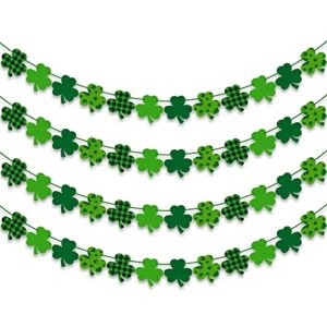 4PCS Felt Shamrock Clover Garland Banner - NO DIY, St. Patrick's Day Decorations - Buffalo Plaid Dark Green Light Green Happy St. Patrick's Day Banner for Home Mantel Office Irish Day Party Supplies