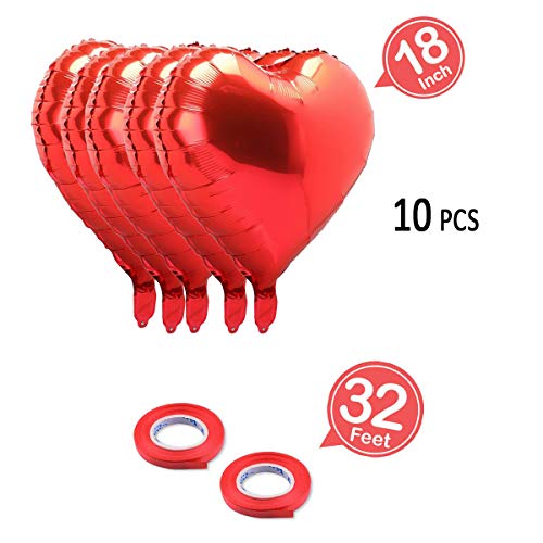 18 Inch Red Mylar Heart Balloons Foil Balloons For Valentines Day Wedding Engagement Party Decor, 10 Pc