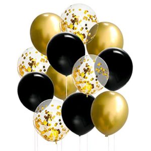 50 pcs 12 inches black and gold balloons, gold confetti balloons, black and gold metallic chrome latex balloons for birthday party decorations graduation balloon garland arch kit