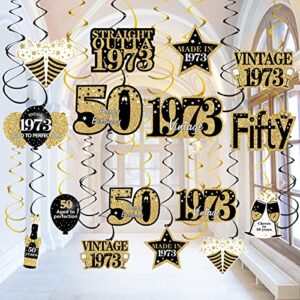 30pcs 50th birthday decorations hanging swirls for men women, black gold vintage 1973 50th birthday foil swirls party supplies, fifty year old birthday ceiling hanging decorations