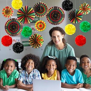 Outus 21 Pcs Black History Month Decorations Hanging Paper Fans Kente Classroom Decorations Juneteenth Tissue Paper Pom Poms for Garland Ceilings African American Holiday Celebration Party Supplies