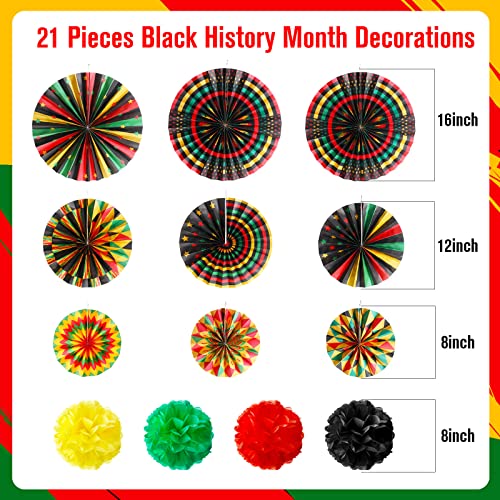 Outus 21 Pcs Black History Month Decorations Hanging Paper Fans Kente Classroom Decorations Juneteenth Tissue Paper Pom Poms for Garland Ceilings African American Holiday Celebration Party Supplies