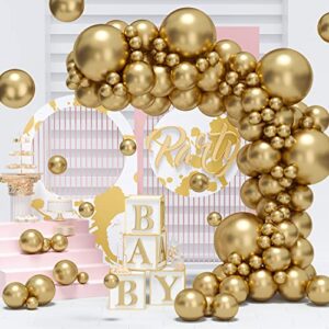 gold metallic chrome latex balloon arch kit, 100pcs 18in 12in 10in 5in arch garland for baby shower engagement, wedding, birthday party, gold theme anniversary celebration decoration with 33ft ribbon