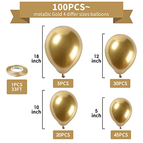 Gold Metallic Chrome Latex Balloon Arch Kit, 100PCS 18In 12In 10In 5In Arch Garland For Baby Shower Engagement, Wedding, Birthday Party, Gold Theme Anniversary Celebration Decoration With 33FT Ribbon