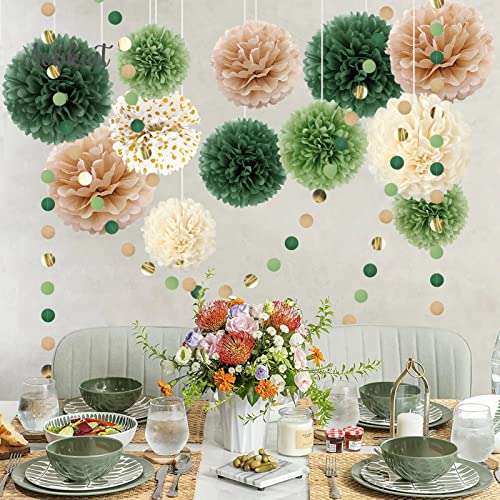 AOBKIAT Wedding Party Decorations Set, 15PCS Green Tissue Paper Pom Poms, Dots Paper Garland String Hanging Backdrop for Engagement, Green Boho Wedding, Baby Shower