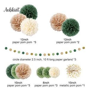 AOBKIAT Wedding Party Decorations Set, 15PCS Green Tissue Paper Pom Poms, Dots Paper Garland String Hanging Backdrop for Engagement, Green Boho Wedding, Baby Shower