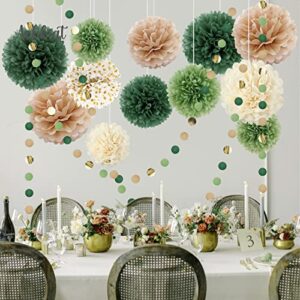 AOBKIAT Wedding Party Decorations Set, 15PCS Green Tissue Paper Pom Poms, Dots Paper Garland String Hanging Backdrop for Engagement, Green Boho Wedding, Baby Shower