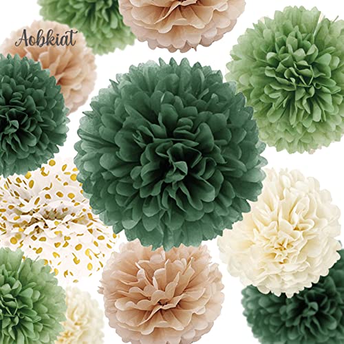 AOBKIAT Wedding Party Decorations Set, 15PCS Green Tissue Paper Pom Poms, Dots Paper Garland String Hanging Backdrop for Engagement, Green Boho Wedding, Baby Shower