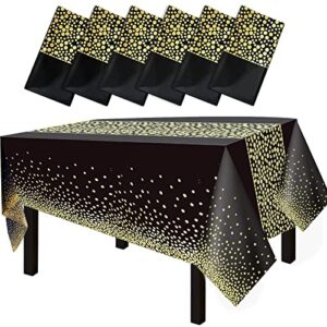 fecedy 6 packs 54 inches x108 inches gold wave point black disposable plastic table cover waterproof tablecloths for rectangle tables up to 8 ft in length party decorations