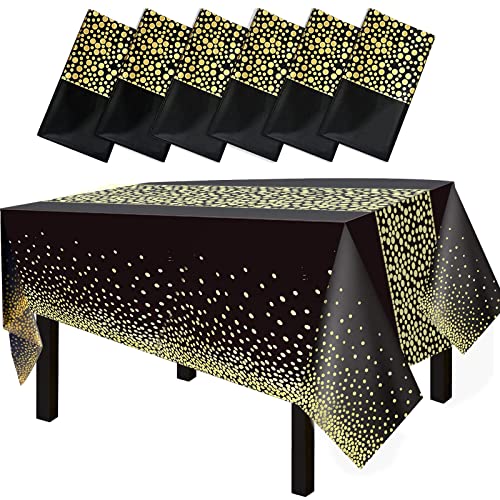 FECEDY 6 Packs 54 inches x108 inches Gold Wave Point Black Disposable Plastic Table Cover Waterproof Tablecloths for Rectangle Tables up to 8 ft in Length Party Decorations