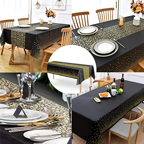 FECEDY 6 Packs 54 inches x108 inches Gold Wave Point Black Disposable Plastic Table Cover Waterproof Tablecloths for Rectangle Tables up to 8 ft in Length Party Decorations