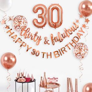 Rose Gold Thirty & Fabulous Happy 30th Birthday Banner Garland Foil Balloon 30 for Womens 30th Birthday Decorations Hanging 30 and Fabulous Cheers to 30 Years Old Dirty Thirty Party Supplies Backdrop