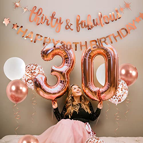 Rose Gold Thirty & Fabulous Happy 30th Birthday Banner Garland Foil Balloon 30 for Womens 30th Birthday Decorations Hanging 30 and Fabulous Cheers to 30 Years Old Dirty Thirty Party Supplies Backdrop