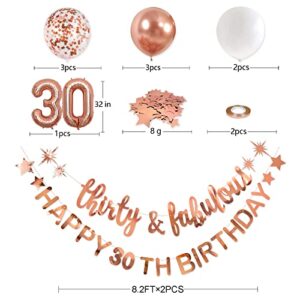 Rose Gold Thirty & Fabulous Happy 30th Birthday Banner Garland Foil Balloon 30 for Womens 30th Birthday Decorations Hanging 30 and Fabulous Cheers to 30 Years Old Dirty Thirty Party Supplies Backdrop