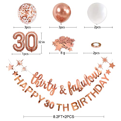 Rose Gold Thirty & Fabulous Happy 30th Birthday Banner Garland Foil Balloon 30 for Womens 30th Birthday Decorations Hanging 30 and Fabulous Cheers to 30 Years Old Dirty Thirty Party Supplies Backdrop