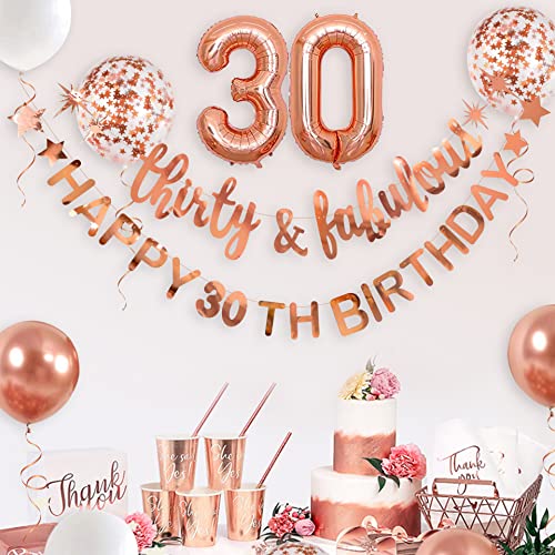 Rose Gold Thirty & Fabulous Happy 30th Birthday Banner Garland Foil Balloon 30 for Womens 30th Birthday Decorations Hanging 30 and Fabulous Cheers to 30 Years Old Dirty Thirty Party Supplies Backdrop