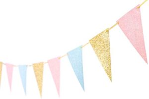 10 feet gender reveal party banner glitter paper decoration anniversary supplies garland pennant flags for baby shower birthday party nursery graduation decoration 15pcs (gold pink blue)