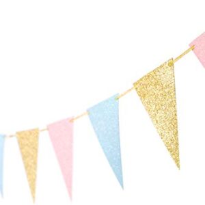 10 Feet Gender Reveal Party Banner Glitter Paper Decoration Anniversary Supplies Garland Pennant Flags for Baby Shower Birthday Party Nursery Graduation Decoration 15pcs (Gold Pink Blue)