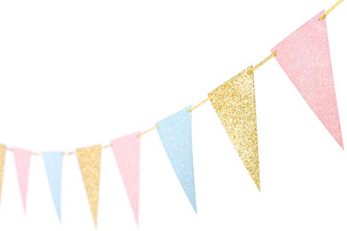 10 Feet Gender Reveal Party Banner Glitter Paper Decoration Anniversary Supplies Garland Pennant Flags for Baby Shower Birthday Party Nursery Graduation Decoration 15pcs (Gold Pink Blue)