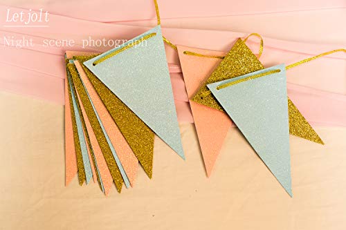 10 Feet Gender Reveal Party Banner Glitter Paper Decoration Anniversary Supplies Garland Pennant Flags for Baby Shower Birthday Party Nursery Graduation Decoration 15pcs (Gold Pink Blue)