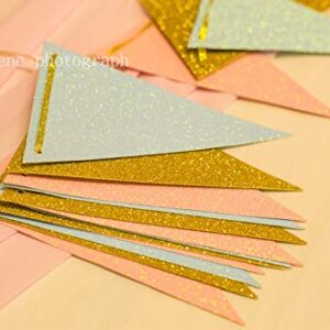 10 Feet Gender Reveal Party Banner Glitter Paper Decoration Anniversary Supplies Garland Pennant Flags for Baby Shower Birthday Party Nursery Graduation Decoration 15pcs (Gold Pink Blue)
