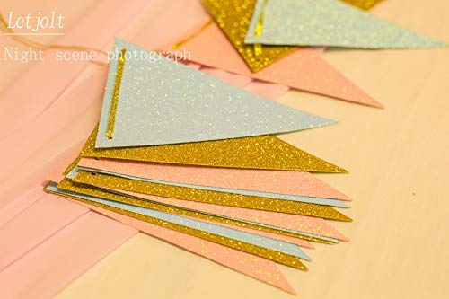 10 Feet Gender Reveal Party Banner Glitter Paper Decoration Anniversary Supplies Garland Pennant Flags for Baby Shower Birthday Party Nursery Graduation Decoration 15pcs (Gold Pink Blue)