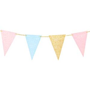 10 Feet Gender Reveal Party Banner Glitter Paper Decoration Anniversary Supplies Garland Pennant Flags for Baby Shower Birthday Party Nursery Graduation Decoration 15pcs (Gold Pink Blue)