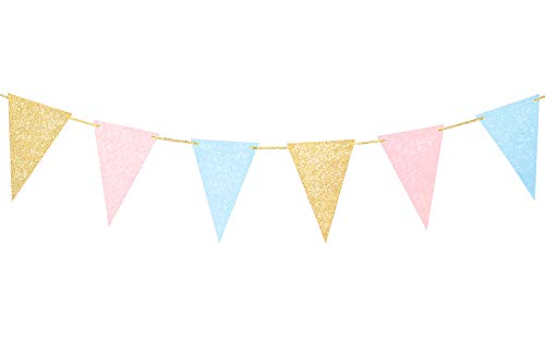 10 Feet Gender Reveal Party Banner Glitter Paper Decoration Anniversary Supplies Garland Pennant Flags for Baby Shower Birthday Party Nursery Graduation Decoration 15pcs (Gold Pink Blue)