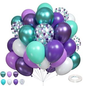 Mermaid Party Balloons 60 Pack, 12 Inch Metallic Purple Tiffany Blue Teal Green White Confetti Latex Helium Balloons for Girls Baby Shower Unicorn Mermaid Theme Birthday Party Decorations Wedding