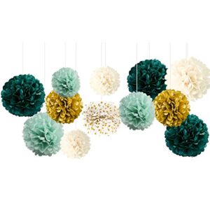 nicrolandee wedding party decorations – 12 pcs green ivory tissue paper pom poms for neutral baby shower, vintage party, birthday, bridal showers, rustic wedding decorations