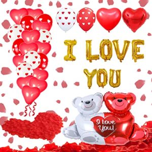 valentine day decoration, i love you balloons teddy bear red heart balloons set with 1000 pcs silk red rose petals for anniversary romantic decorations, valentine’s day party wedding flower decoration