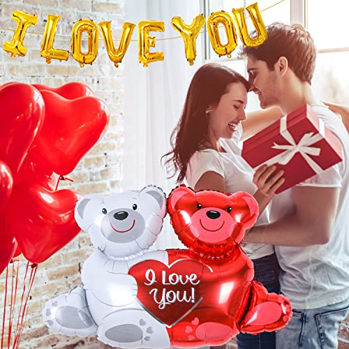 Valentine Day Decoration, I Love You Balloons Teddy Bear Red Heart Balloons Set with 1000 Pcs Silk Red Rose Petals for Anniversary Romantic Decorations, Valentine's day party Wedding Flower Decoration