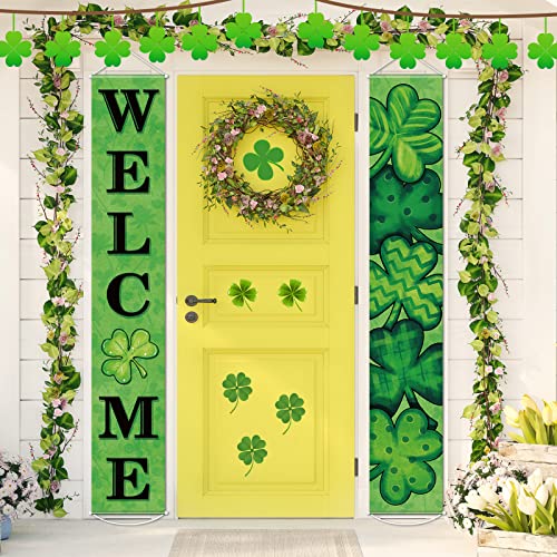 St Patricks Day Door Banner Decoration Irish Shamrock Front Porch Decor Welcome Hanging Sign Green Saint Patrick's Day Clover Backdrop for Classroom Home Wall Office Yard Indoor Outdoor Party Supplies