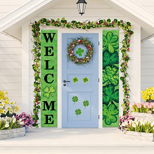 St Patricks Day Door Banner Decoration Irish Shamrock Front Porch Decor Welcome Hanging Sign Green Saint Patrick's Day Clover Backdrop for Classroom Home Wall Office Yard Indoor Outdoor Party Supplies