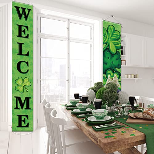 St Patricks Day Door Banner Decoration Irish Shamrock Front Porch Decor Welcome Hanging Sign Green Saint Patrick's Day Clover Backdrop for Classroom Home Wall Office Yard Indoor Outdoor Party Supplies