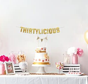 Thirtylicious Gold Glitter Banner - Happy 30th Birthday Party Banner - 30th Wedding Anniversary Decorations - Milestone Birthday Party Decorations