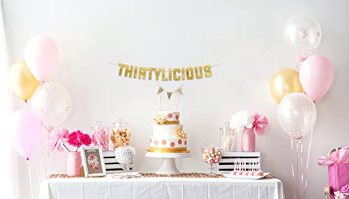 Thirtylicious Gold Glitter Banner - Happy 30th Birthday Party Banner - 30th Wedding Anniversary Decorations - Milestone Birthday Party Decorations