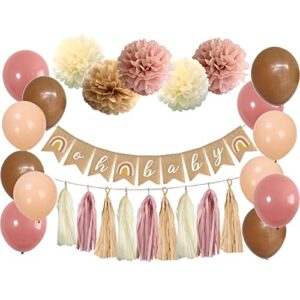 40 pack boho rainbow baby shower gender neutral party oh baby burlap banner tissue tassel garland pom poms dusty rose pink mauve nude brown balloons backdrop nursery classroom wedding decoration