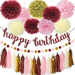 burgundy pink birthday decorations for women grils, pink birthday decoration set with birthday banner, paper pom poms, circle dot garland and tassel garland for women grils kids birthday party decor